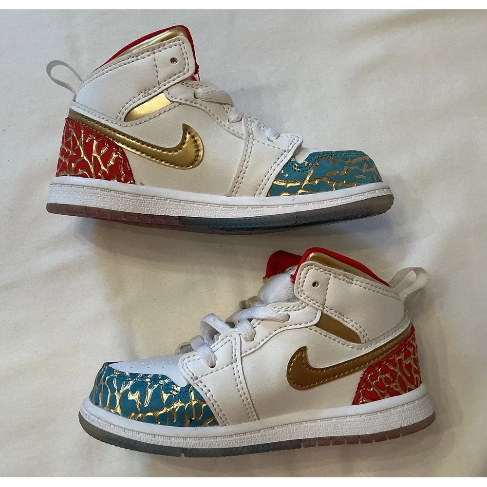 Jordan Air Jordan 1 Mid Top Toddler Sneaker Leather Colorblock White/Gold Sz  8C
